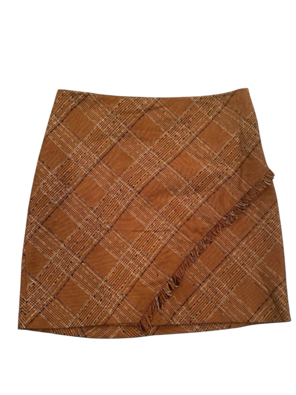 Free People Brown Plaid Tweed Fringe Mini Skirt Fall Preppy Academia Sz 4
